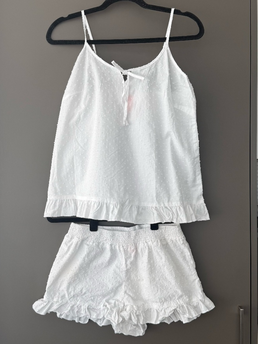 White Cotton Poplin Swiss Dot Sleepwear Pajama Set Ruffle Trim Size XS